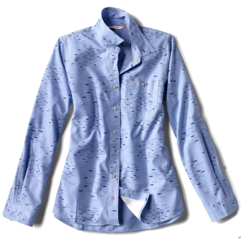 Orvis Printed Long Sleeve Tech Chambray Women's in Medium Blue